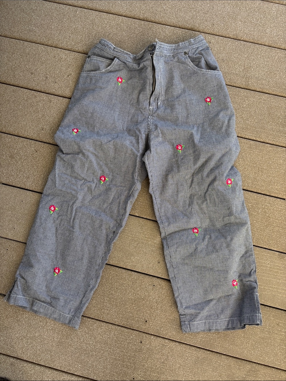 Black white capris with pink Floral Embroidery